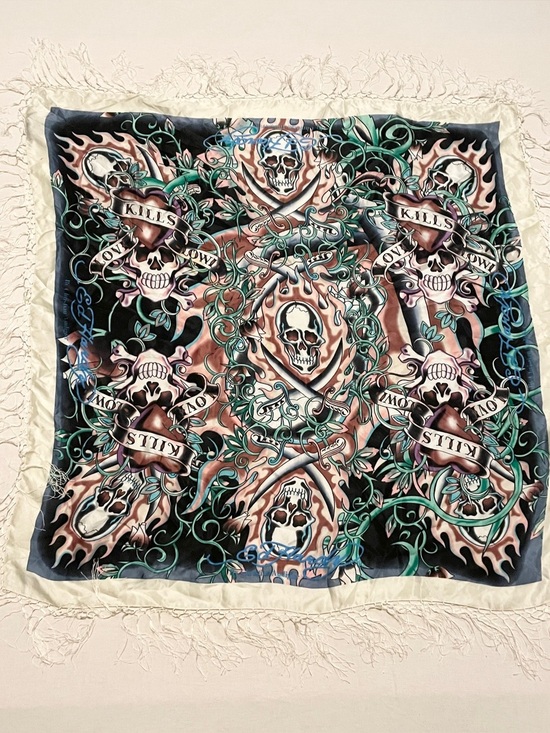 Ed Hardy Accessories - VTG Ed Hardy Christian Audigier Love Kills Slowly Fringe Silk Scarf Shawl